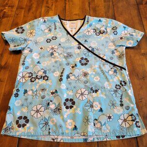 Womens M Scrub Top Eeyore Flower Blue Hospital Uniform Healthcare Tee Top Blouse
